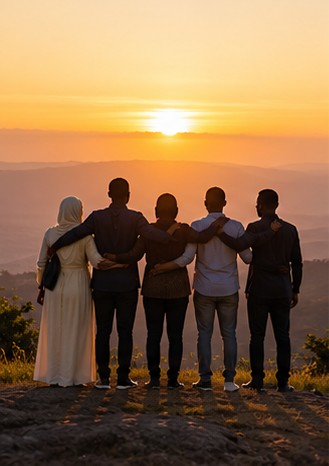 A group together at sunset
